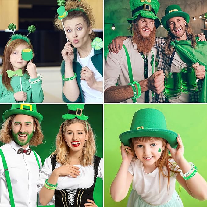 JUNEBRUSHS 42pcs St. Patrick's Day Silicone Bracelets, Green Shamrock Rubber Wristbands for Kids Adults St.Patrick's Day Party Ireland, Spring Party Favors Holiday Decorations Gift (6 Designs)