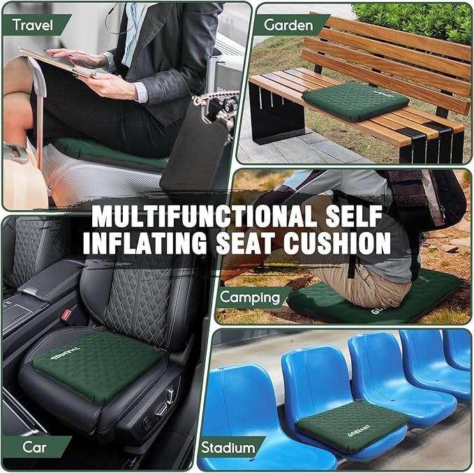 GDREAMT Inflatable Seat Cushion, Self-Inflating Memory Foam Stadium Seats Cushion Lightweight & Compact Chair Sitting Pad Airplane Cushion for Long Flight Travel Outdoor Camping Car Bleachers Office