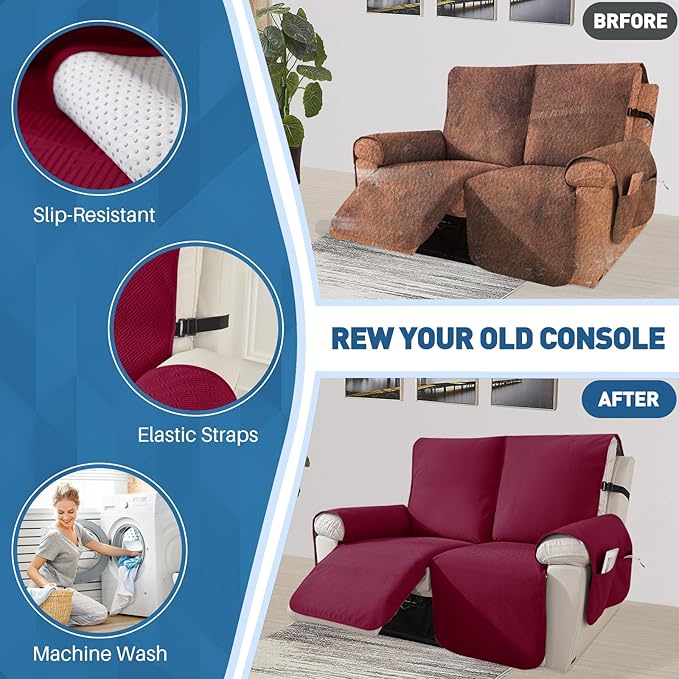 Easehomey 100% Waterproof Loveseat Recliner Cover Non-Slip Sofa Cover with Elastic Band Two Pockets, Washable Recliner Couch Cover 2 Seat Furniture Protector for Kids,Pets (Wine Red,Recliner Loveseat)