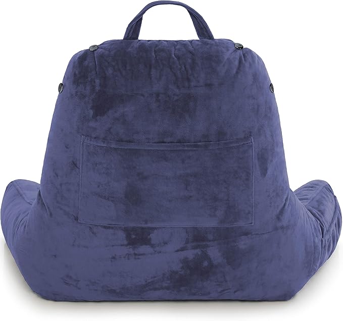 Husband Pillow Medium Dark Blue, Backrest for Kids, Teens, Petite Adults - Reading Pillows with Arms, Adjustable Loft, Plush Memory Foam, Bed Rest Chair Sitting Up, Detach Neck Roll, Removable Cover