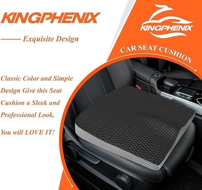 kingphenix Premium Car Seat Cushion, Memory Foam Driver Seat Cushion to Improve Driving View- Coccyx & Lower Back Pain Relief - Seat Cushion for Car, Truck, Office Chair (4D Mesh Classic Black)