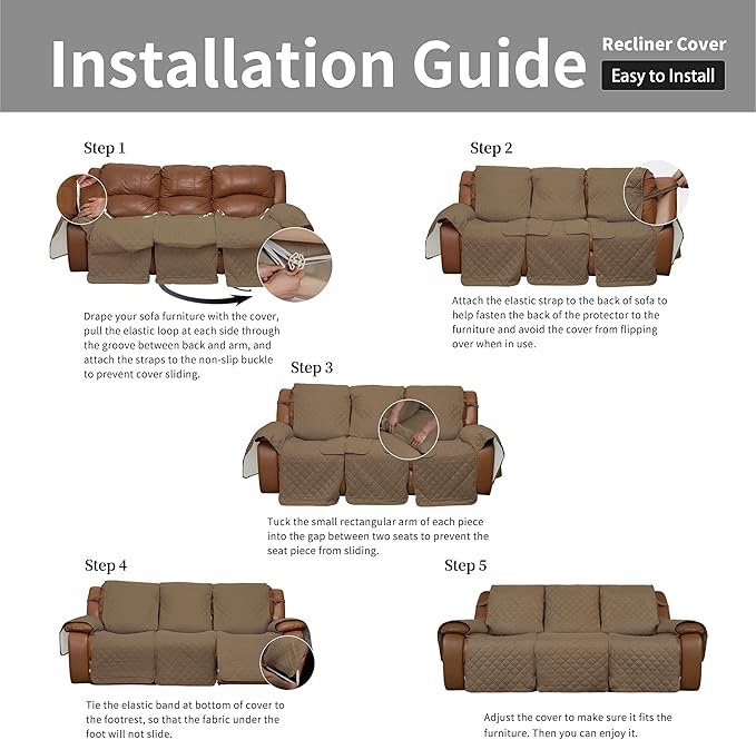 Easy-Going Recliner Sofa Cover, Reversible Couch Cover for 3 Seat Recliner, Split Sofa Cover for Each Seat, Furniture Protector with Elastic Straps for Kids, Dogs, Pets(3 Seater, Camel/Ivory)