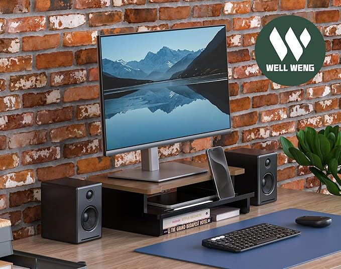 WELL WENG Monitor Stand Monitor Stand Riser for Desk,Wood Desk Shelf Storage Organizer with Phone Tablet Holder (16.5 Inch, Black & Dark Bamboo)