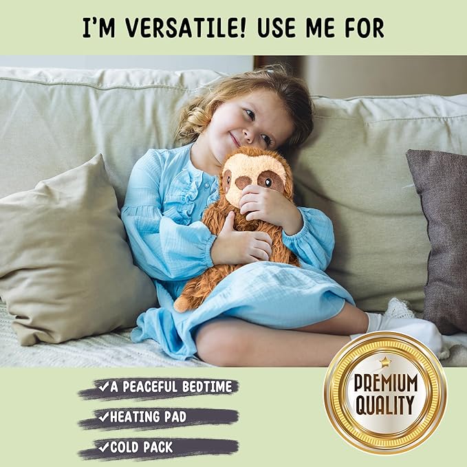 Happy Fuel Sloth Microwavable 1.5 lbs Unscented Heating Pad for Women & Kids - Cute Soft Cozy Pillow Plush Heatable Warm Stuffed Animals - Kawaii Hot & Cold Plushie Toy - Sloth Gifts for Girls & Boys