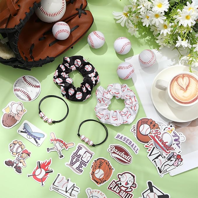 86 Pcs Baseball Party Favors 50 Sheets Baseball Stickers 12 Sports Stress Ball Mini Foam Baseball Ball, 12 Baseball Charm Bracelets, 12 Baseball Scrunchie Sports Valentines Baseball Gifts Supplies