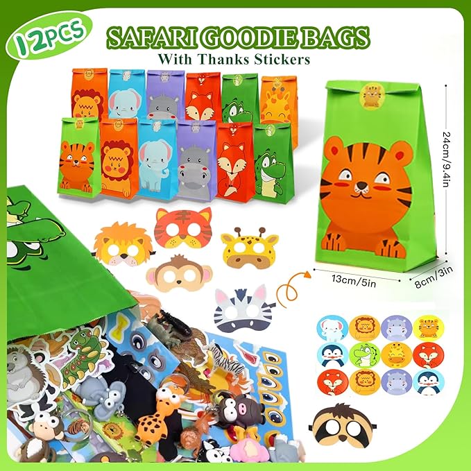 158 pcs Safari Party Favors for 12 kids ,Jungle Safari Birthday Party Supplies, Wild Animal Goodie Bags ,Safari Birthday Decorations Gift Bag Fillers Pinata Stuffers, Wild Animals Themed Party Toys