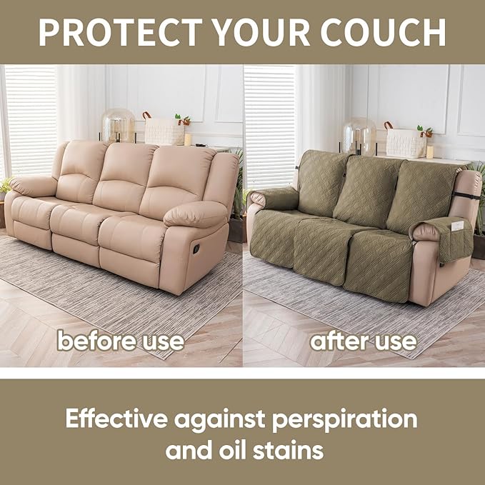 Easehomey Waterproof Recliner Sofa Cover,Non-Slip Reclining Sofa Covers for 3 Seat,Washable Reclining Sofa Cover Furniture Protector with Elastic Straps Pocket for Kids, Pets(Khaki,3Seat)