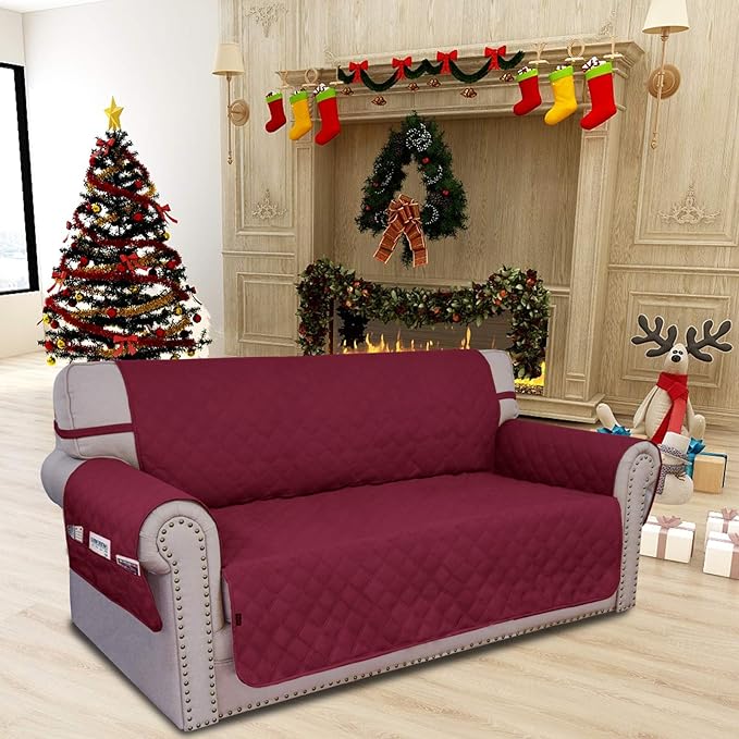 Easy-Going Sofa Slipcover Loveseat Cover Waterproof Couch Cover Washable Sofa Cover for 2 Cushion Couch Non-Slip Fabric Furniture Protector with Pocket for Pets Kids Dog Cat (Loveseat, Wine)
