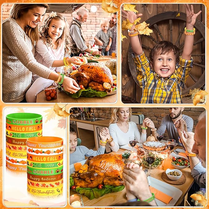 JUNEBRUSHS 24Pcs Thanksgiving Silicone Bracelets Rubber Wristbands Fall Party Favors for Kids Decorations for Autumn Thanksgiving Party Kids Stuffers Filler Accessories Gifts Supplies