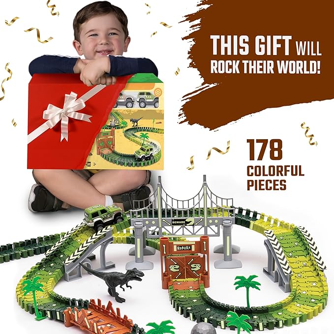 JITTERYGIT Dinosaur Jurassic Race Track Train Glow in The Dark World Toy Set, Kids Dino Racetrack Park Includes T-Rex & Triceratops Playset - Best Birthday Gift for Boys & Girls 3 4 5 6 7 8 Year Old