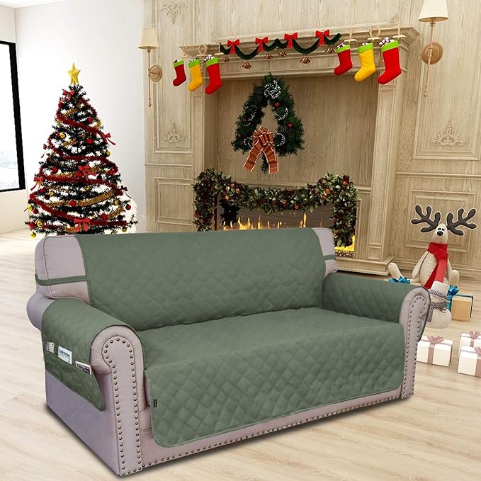 Easy-Going Sofa Slipcover Loveseat Cover Waterproof Couch Cover Washable Sofa Cover for 2 Cushion Couch Non-Slip Fabric Furniture Protector with Pocket for Pets Kids Dog Cat (Loveseat, Greyish Green)