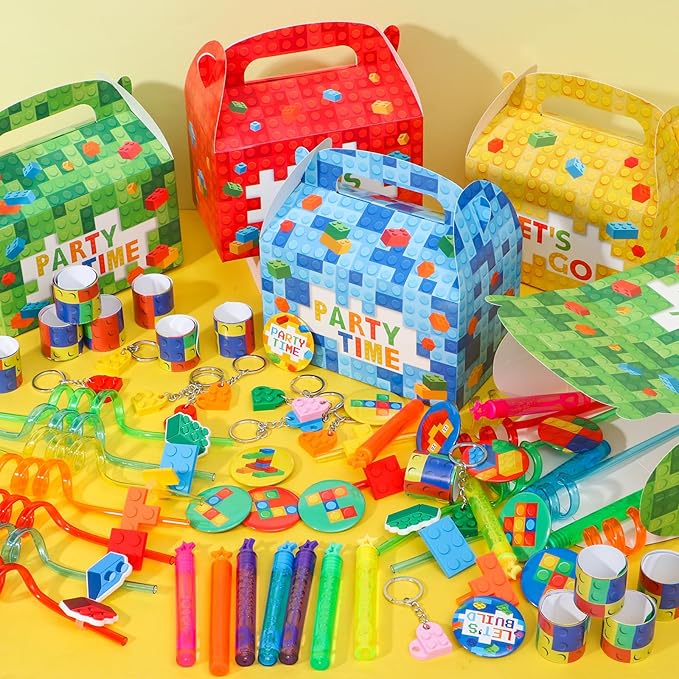 Building Blocks Party Favors Birthday Supplies for Kids, Gift Box Straw Mini Bubble Wand Button Pin Slap Bracelet Keychain, Goody Bag Stuffer Filler Girls Boys Game Carnival Classroom Prize Decor