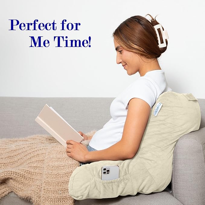 ComfortSpa Reading Pillow for Kids Teens Adult, Back Rest Pillow with Arms, Pockets, Washable Cover; Use as a Back Pillow for Bed Sitting Up for Bedrest or Relief from GERD Heartburn (Standard Cream)