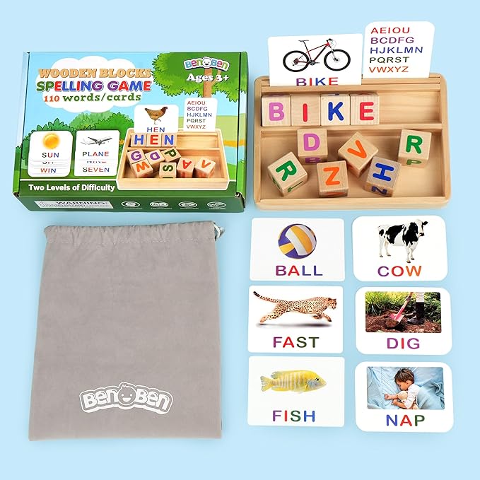 BenBen Spelling Games with Flash Cards, Montessori Toys for 3 4 5 6 Years Old Kids, Wooden Matching Letters Toys, CVC Word Educational Learning Toys, Gift for Preschool Kindergarten