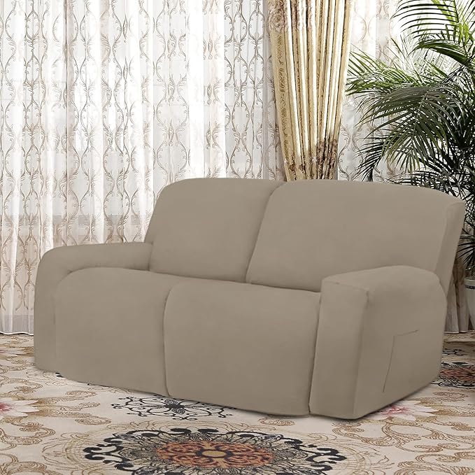 Easy-Going Oversized 6 Pieces Microfiber Stretch Sectional Recliner Loveseat Sofa Slipcover Soft Fitted Fleece 2 Seats Couch Cover Washable Furniture Protector with Elasticity for Kids Pet Natural