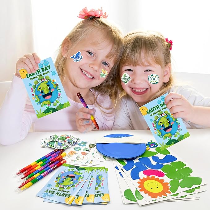 Cinrobiye 72 Pcs Earth Day Party Favors Gifts,Save the Planet Coloring Books with Stacking Crayons,Earth Party Crafts DIY Kit,Travel Party Stickers World Environment Day Decorations for Classroom
