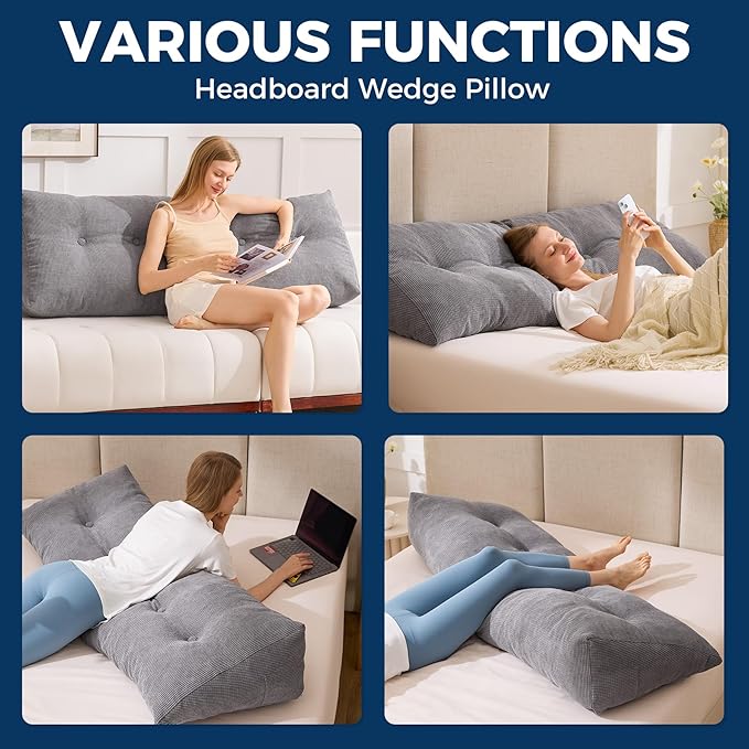 Headboard Pillow Twin, Triangle Pillows for Headboard, Head Board Backrest Wedge Pillow for Reading Sitting Working, Daybed Pillows with Removable Cover for Bed Dorm Sofa, Dark Grey