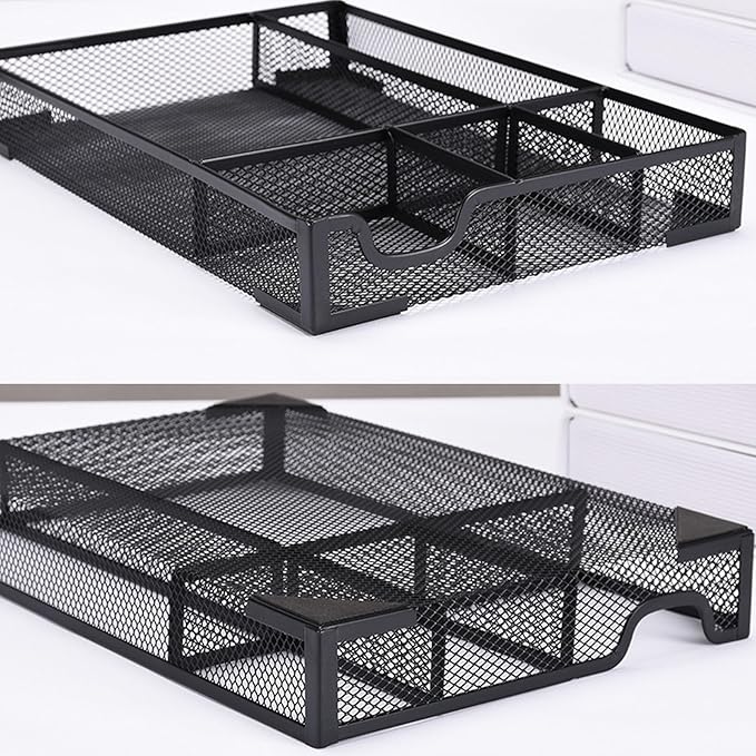 Pssopp Desk Drawer Organizer Tray, 5 Dividers Ventilated Mesh Space Saving Stationery Pen Pencil Organizers with anti Slip Pads for Office Supplies Makeup Vanity Desktop (Black)