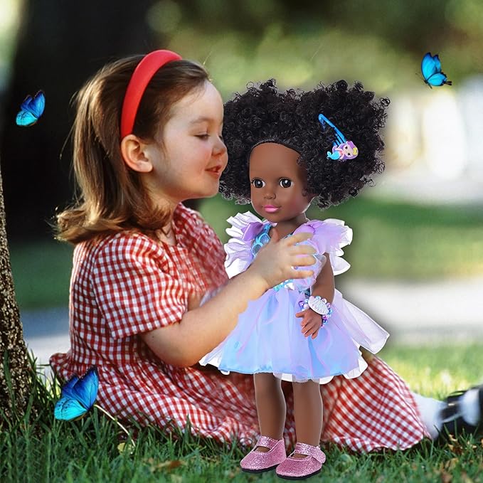 14.5 Inch Black Dolls Realistic Baby Doll Clothes and Accessories,Silicone African Baby Doll with Doll Princess Deep Sea Theme Dress Best Gift for Girls Kids