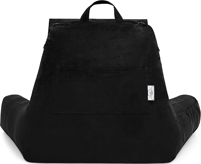 Husband Pillow Medium Aspen Edition Stable Black, Sit Up Reading & Bed Rest with Arms, Ultra-Comfy, Detach Neck Roll - Premium Shredded Memory Foam Backrest, Reverses to Micro: Suede or Plush