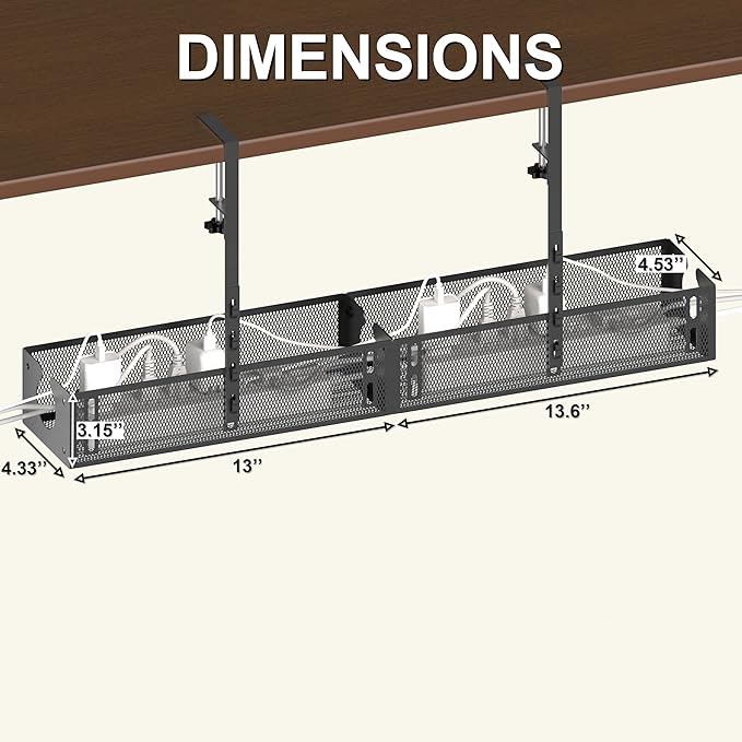 Under Desk Cable Management Tray - No Drill or Screw Mount Option, Heavy Duty Metal Cord Organizer Rack, Power Strip Holder for Office & Home