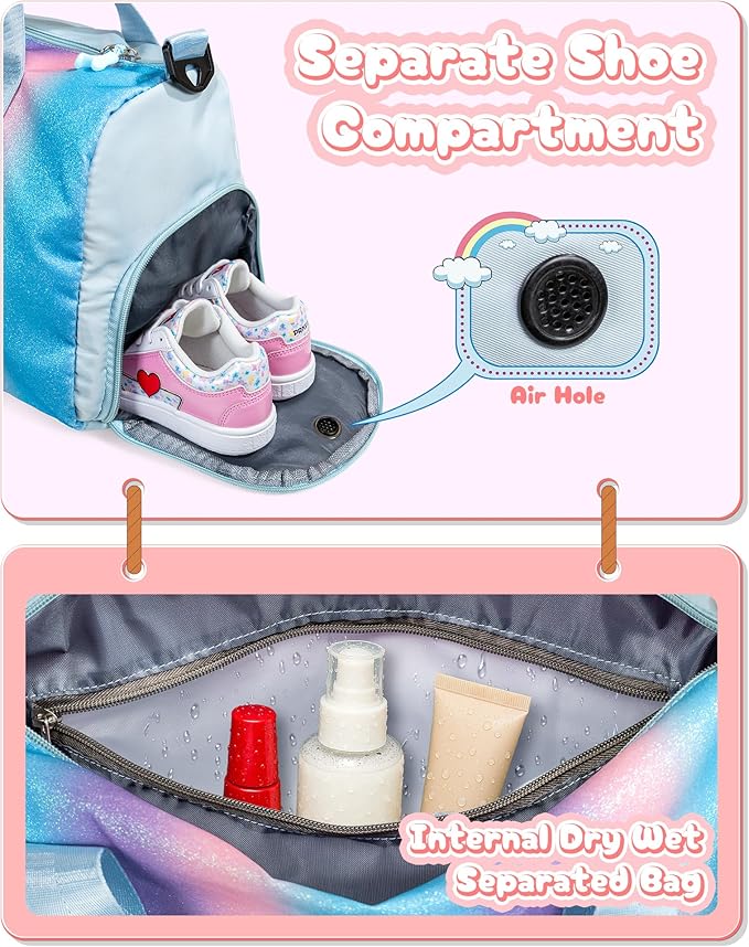 Dance Recital Gifts for Girls-Girl Gym Bag with Shoe Compartment, Kid Personalized Weekender Overnight Bags, Initial Travel Tote with Makeup Pouch, Preppy Things for Kids Girls (Letter E)