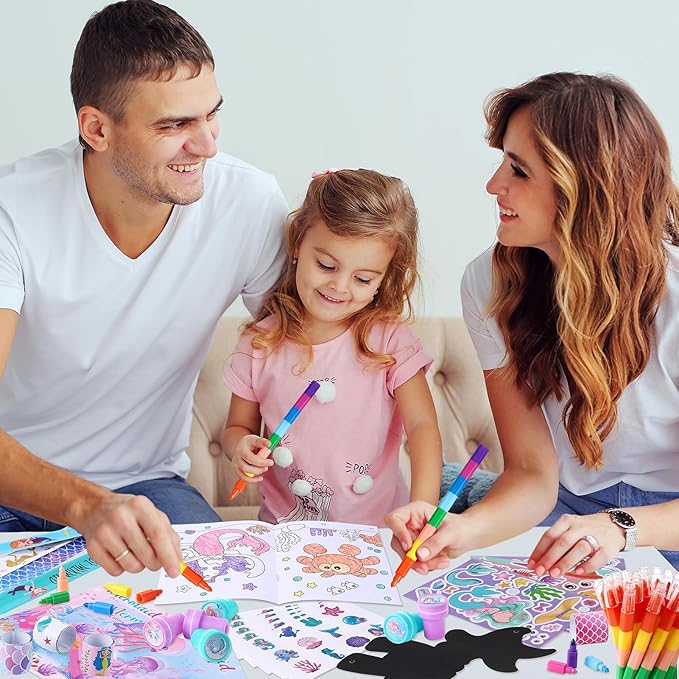 BenLouis 192Pcs Mermaid Party Favors Little Mermaid Coloring Books Crayon Stickers Set Bulk for Kids Mermaid Birthday Decor Baby Shower Candy Goodie Bag Stuffer Classroom Rewards Pinata Supplies
