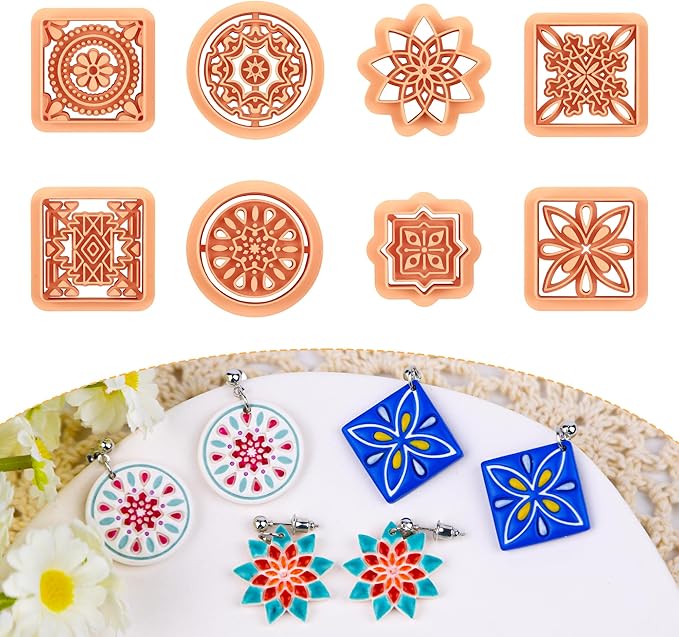 Puocaon Porcelain Tile Clay Cutters - 8 Pcs Terracotta Tiles Clay Cutters for Polymer Clay Earrings Making, Portuguese Tiles Pattern Clay Jewelry Cutters, Embossed Pattern Polymer Clay Cutters Set