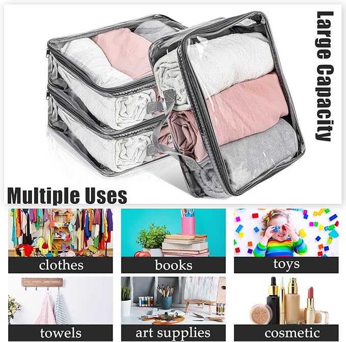 6 Pieces Large Clear Travel Packing Cube Clear Vinyl Zippered Storage Bags See Through Moving Bag PVC Multipurpose Pouch with Handle for Suitcase Shirts Dress Storage (Gray, 11.8 x 10.2 x 3.9 Inch)