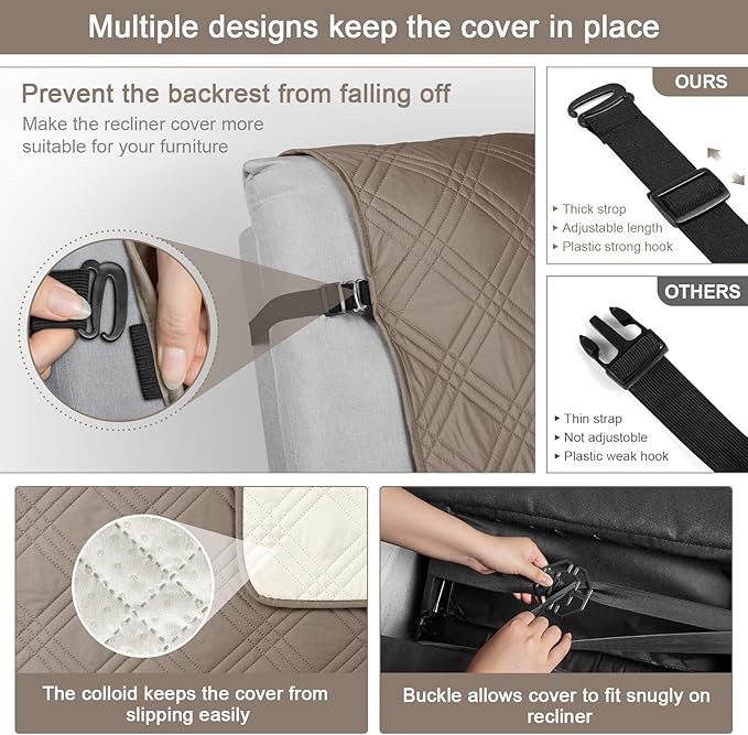 TAOCOCO 100% Waterproof Reclining Chair Cover, Non Slip Chair Covers for Recliners with Arms, Washable Recliner Chair Cover Furniture Protector for Kids, Pets(Recliner Chair, Taupe)