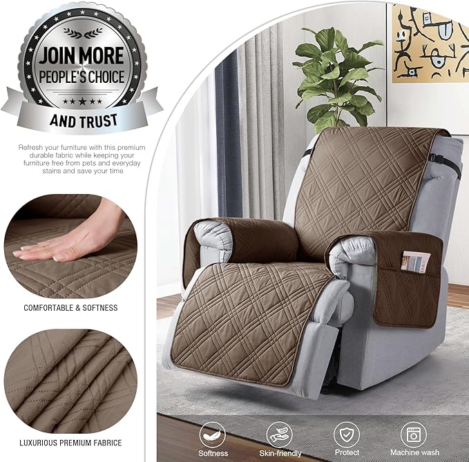 TAOCOCO 100% Waterproof Reclining Chair Cover, Non Slip Chair Covers for Recliners with Arms, Washable Recliner Chair Cover Furniture Protector for Kids, Pets(Recliner Chair, Taupe)