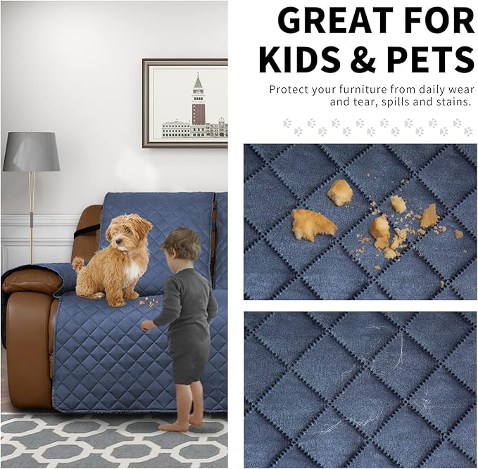 Easy-Going Oversized Recliner Sofa Cover, Reversible Couch Cover for 3 Seat Recliner, Split Sofa Cover for Each Seat with Elastic Straps for Kids, Dogs, Pets (3 Seater, Dark Blue/Dark Blue)