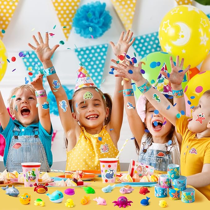 ANGOLIO Ocean Sea Animals Party Favor - 114Pcs Ocean Aniamls Toys Include Sea Animals Keychains Stickers Bracelet Cute Make A Face Stickers for Kids Ocean Themed Birthday Party Classroom Rewards