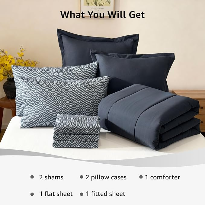 Monbix Queen Comforter Set - 7 Pieces Blue Grey Bed in a Bag Queen Track Stitching Bedding Sets, All Seasons Comforter Bed Set with Sheets, Pillowcases & Shams