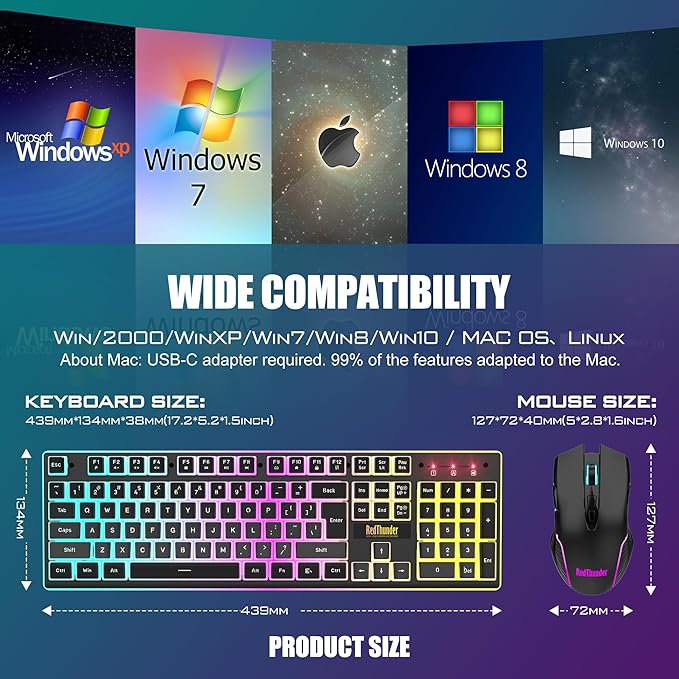 RedThunder K10 Wireless Gaming Keyboard and Mouse Combo, RGB Backlit Rechargeable 3800mAh Battery, Mechanical Feel Anti-ghosting Keyboard with Pudding Keycaps + 7D 3200DPI Mice for PC Gamer (Black)