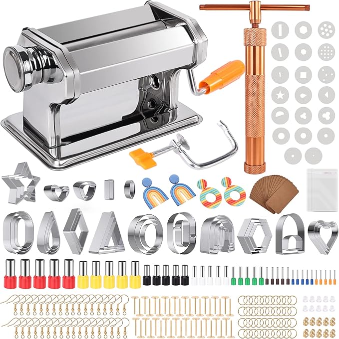 Yofuly Polymer Clay Press Machine, Polymer Clay Cutters Set for Jewelry Making, with Polymer Clay Roller Machine, Polymer Clay Extruder, 40 Circle Shape Cutters and 120 Earrings Accessories