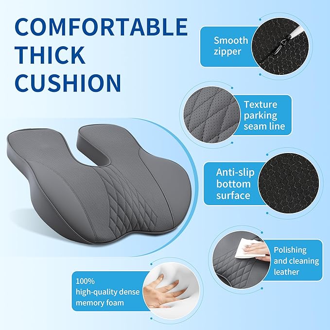 Leather Adult Booster Car Seat Cushion, Effectively Increase Height by 3.96 inch, Dense Memory Foam for Hip Tailbone Coccyx Sciatica Seat Cushion Donut Pillow Seat Cushion for Hemorrhoid (Grey)