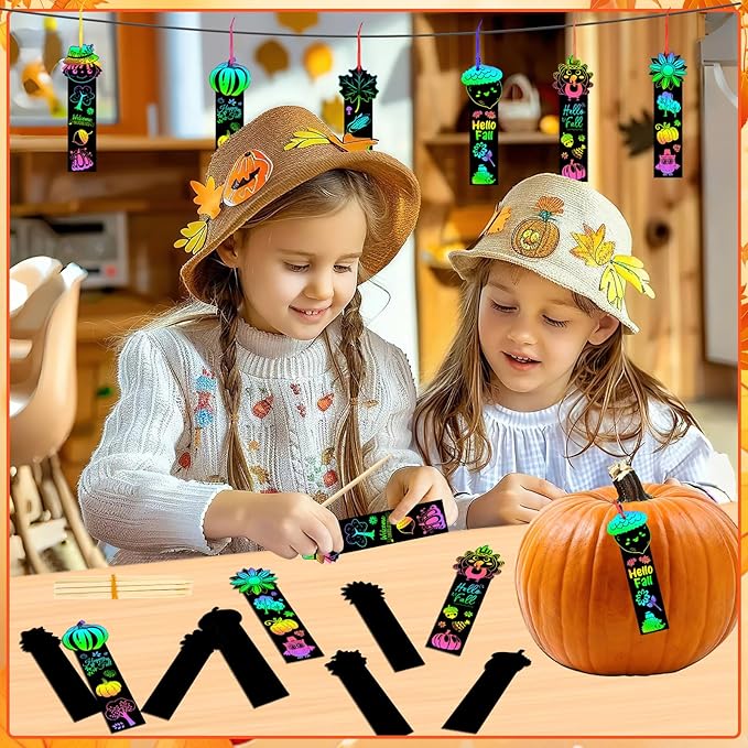 JUNEBRUSHS 30Pcs Fall Scratch Bookmarks, Rainbow Magic Scratch Paper Art Hello Fall Autumn Leaves Pumpkin Turkey DIY Crafts Kit for School Classroom Activity Thanksgiving Party Favor