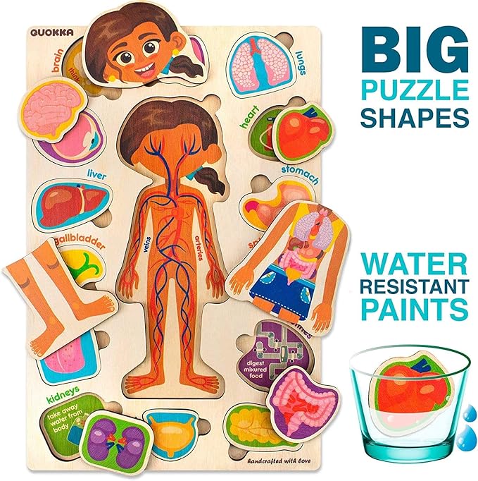 QUOKKA Wooden Puzzles for Kids – Montessori Puzzles for Toddlers 3-5 – Preschool Game Learning Human Body Parts Anatomy Skeleton – Educational Toys for Boy & Girl