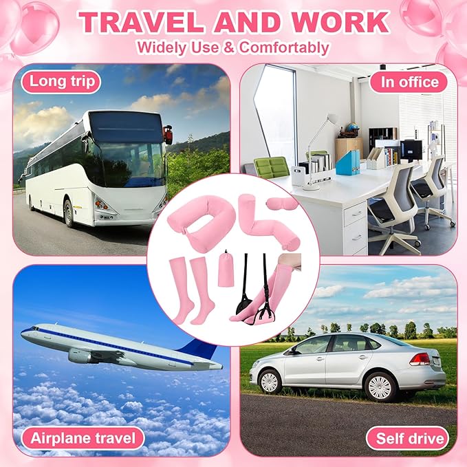 BreezeHug 4 Pcs Travel Comfort Kit with Memory Foam Travel Pillow Airplane Footrest Hammock 3D Contoured Eye Mask Compression Socks Neck Pillow for Car Flight Sleeping Support(Pink)