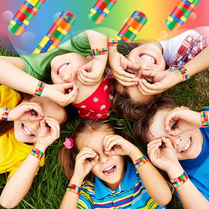 Civaner 24 Pieces Color Brick Party Slap Bracelet Colorful Building Blocks Pattern Slap Bracelets for Building Blocks Party Favors Slap Bracelet Party Supplies for Kids Teens Adults