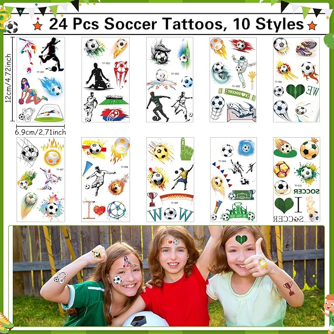 144 Pcs Soccer Party Favors Soccer Drawstring Bags with Adjustable Bracelets Stress Balls Soccer Keychains Stickers and Wish Cards for Birthday Gifts Kids Soccer Themed Party Supplies