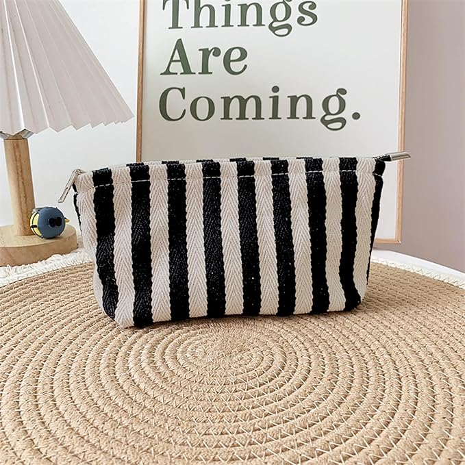 HAPPYHEIDI Small Black White Stripe Makeup Brush Bag Zipper Pouch Women Girls Purse Organizer,Canvas Lined, Premium Zipper