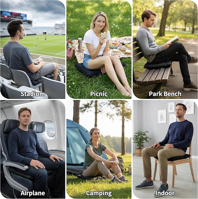 EULANT Inflatable Seat Cushion Lightweight Compact Stadium Seat Pad Camping Travel Air Seat Cushion for Airplane Hiking Bleachers Office Home Sports Events(Black)