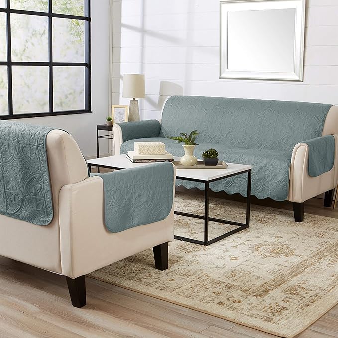 Medallion Stitched Solid Furniture Protector Stain Resistant Durable Furniture Protector Elenor Collection (Sofa, Mirage Gray/Flax)