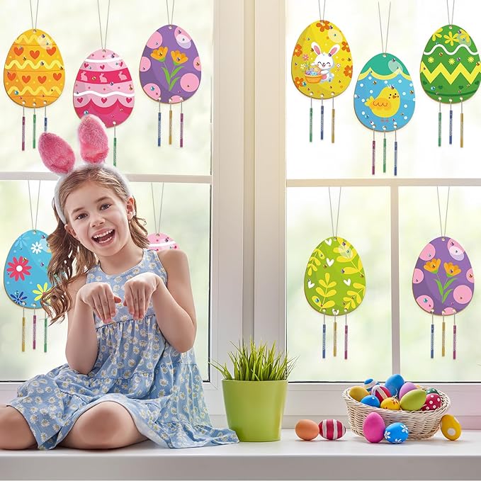 16 Pack Easter Egg Wind Chime Kits Easter Crafts for Kids Make Your Own Easter Egg Wind Chime Wooden DIY Arts and Crafts for Spring Party School Classroom Hanging Decoration Supplies Birthday Favors