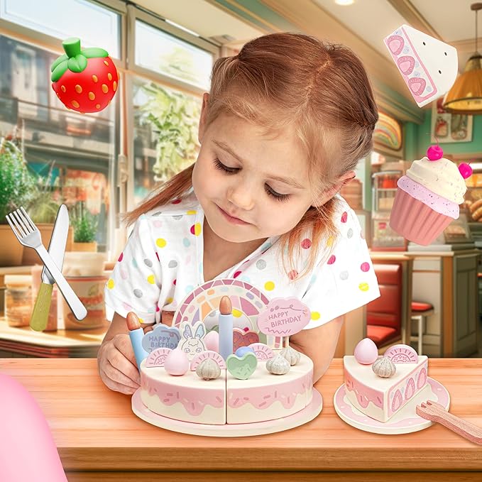 Birthday Cake Toy - Wooden Play Food Fake Birthday Cake Cutting Toys for 3 4 5 Year Old Girl Birthday Gift - Pretend Play Food with Candles&Plates,Tea Party Toys for Kids Age 3+ (28pcs)