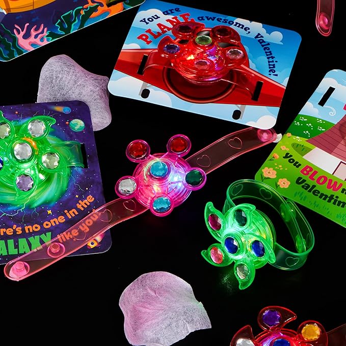 JOYIN 12 Packs Valentine's Day Cards with Light Up Bracelet, Glow in The Dark Party Favors Spinner Glow Bracelets Fidget Toys with Cards for Kids Valentine Party Favors Classroom Exchange Prizes
