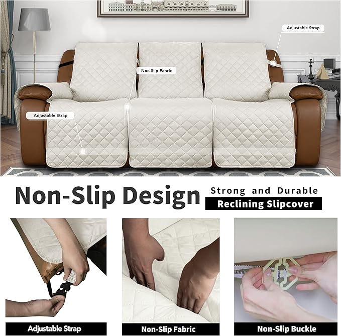 Easy-Going Oversized Recliner Sofa Cover, Reversible Couch Cover for 3 Seat Recliner, Split Sofa Cover for Each Seat with Elastic Straps for Kids, Dogs, Pets (3 Seater, Ivory/Ivory)