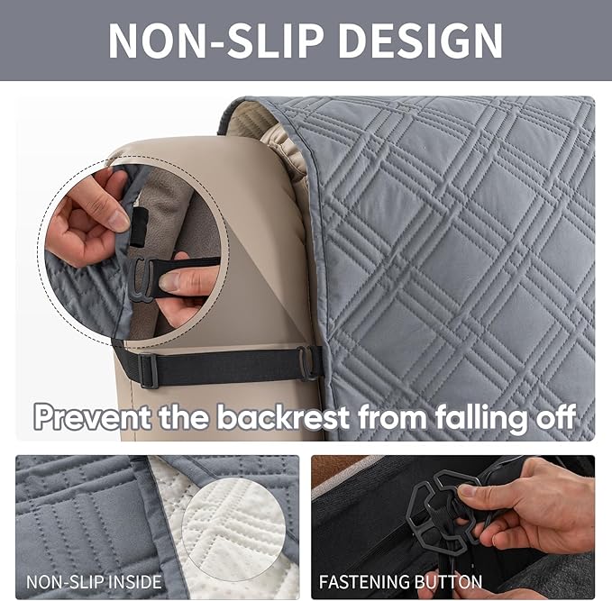 Easehomey Waterproof Recliner Sofa Cover,Non-Slip Reclining Sofa Covers for 3 Seat,Washable Reclining Sofa Cover Furniture Protector with Elastic Straps Pocket for Kids, Pets(Light Gray,3Seat)